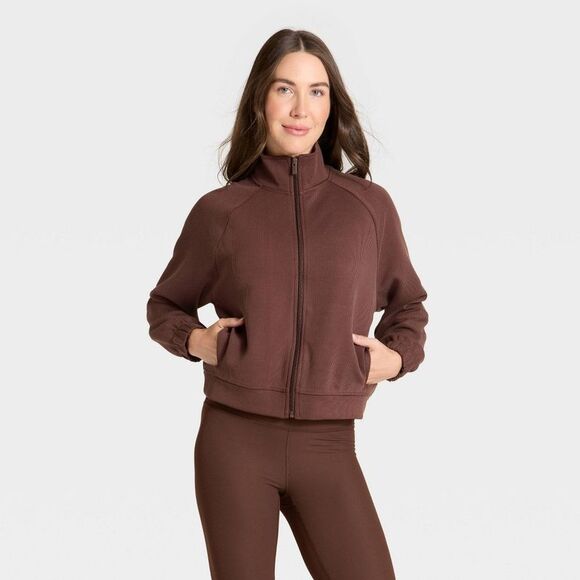 All In Motion Tops - Women's Airy Sleek Ribbed Full Zip Jacket - All In Motion Brown XS